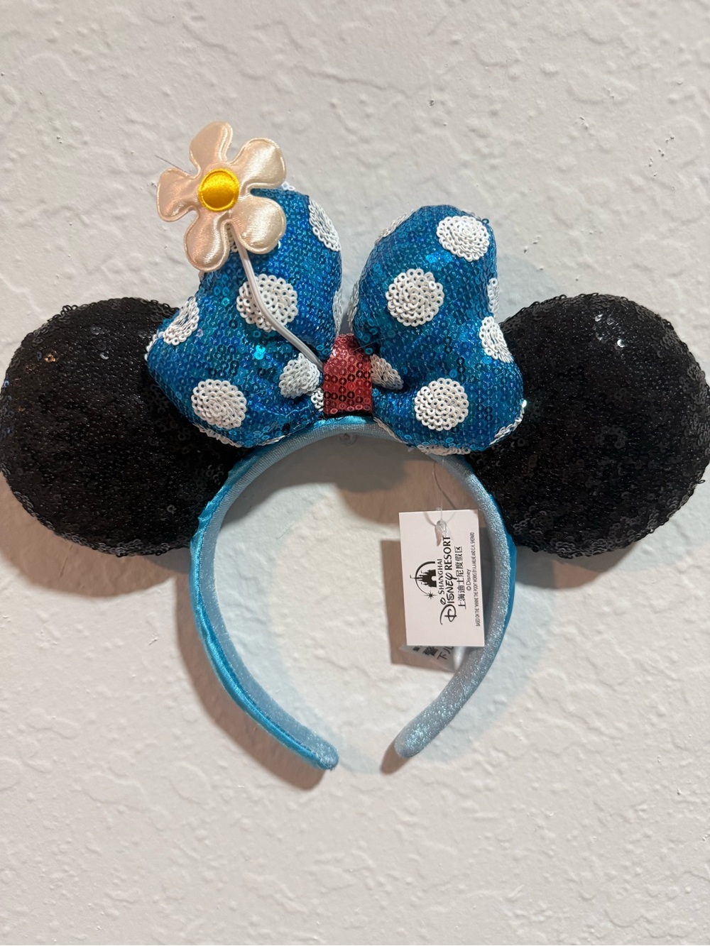 Disney Black Sequin Ear Headband with Blue Polkadot Bow